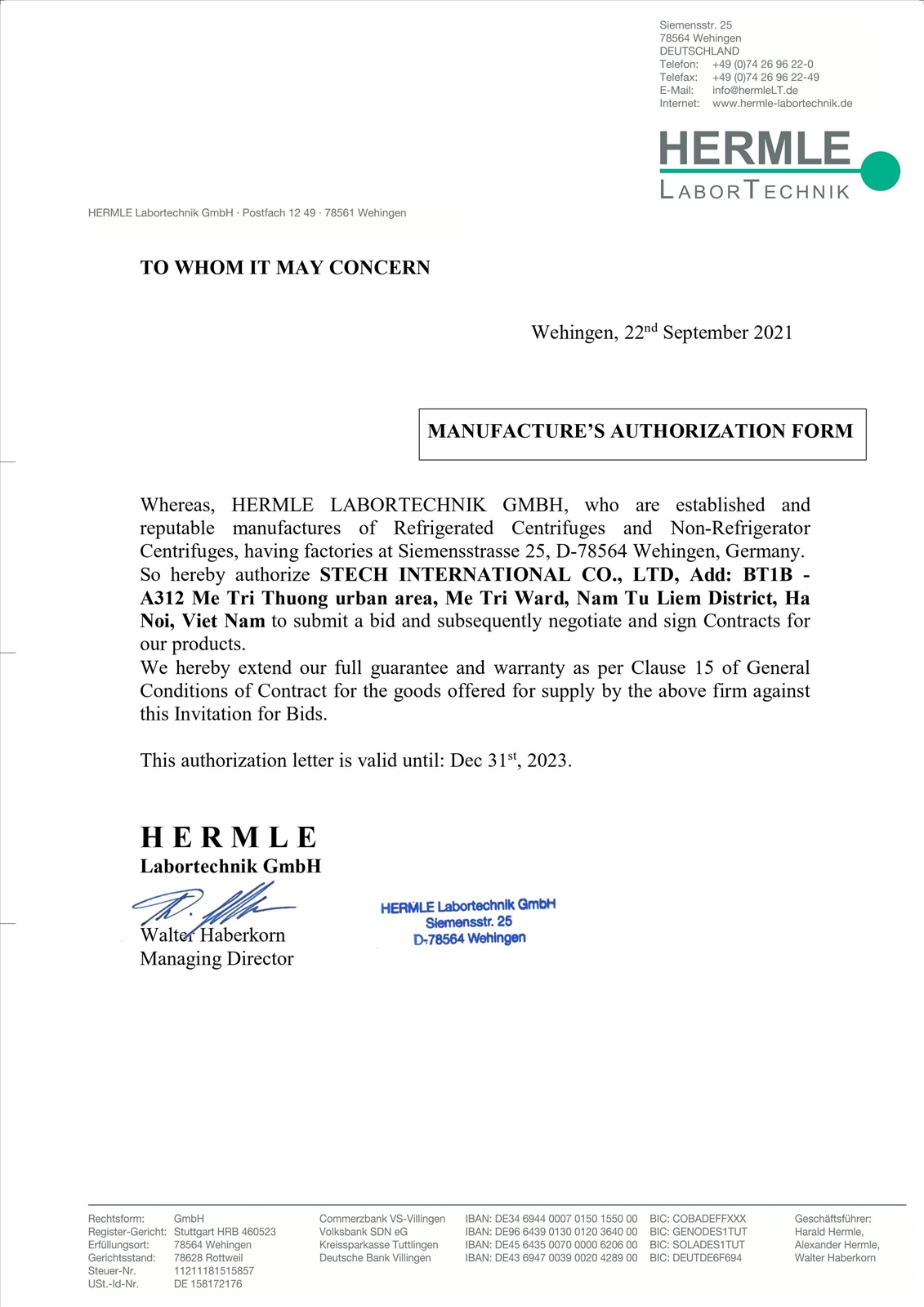 ủy quyền của hãng Hermle cho Stech cung cấp máy li tâm tại Việt Nam